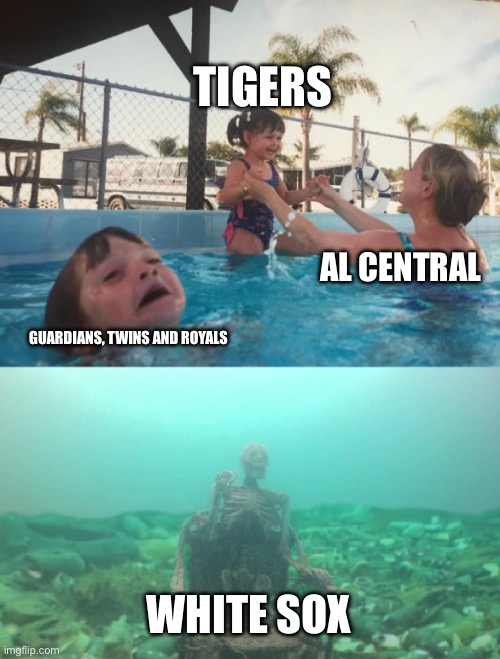 Al Central race in a nutshell | TIGERS; AL CENTRAL; GUARDIANS, TWINS AND ROYALS; WHITE SOX | image tagged in mom ignoring kid drowning with skeleton in trash,baseball,tigers,royals,twins,mlb baseball | made w/ Imgflip meme maker