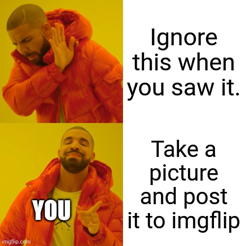 Drake Hotline Bling Meme | Ignore this when you saw it. Take a picture and post it to imgflip YOU | image tagged in memes,drake hotline bling | made w/ Imgflip meme maker