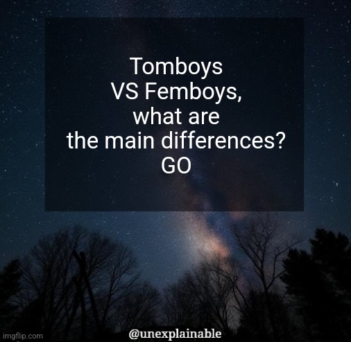 I haven't been looking into this question a lot so I'd like to see multiple opinions. | Tomboys VS Femboys, what are the main differences?
GO | image tagged in it's simply unexplainable | made w/ Imgflip meme maker
