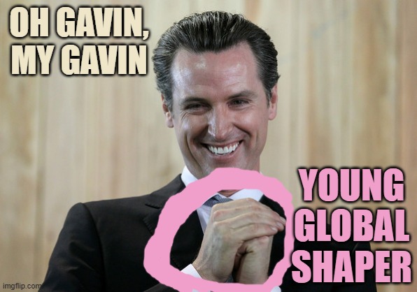 Scheming Gavin Newsom  | OH GAVIN,
MY GAVIN YOUNG GLOBAL SHAPER | image tagged in scheming gavin newsom | made w/ Imgflip meme maker
