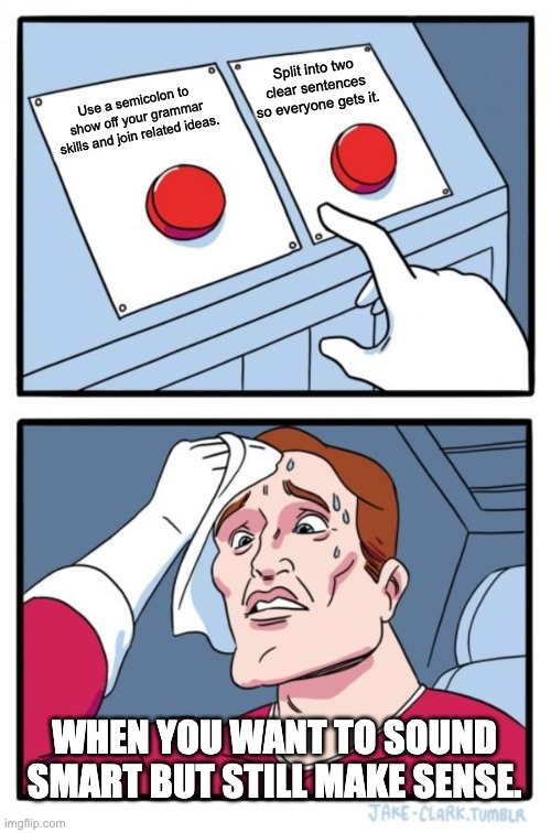 Sarah Grammar Meme | Split into two clear sentences so everyone gets it. Use a semicolon to show off your grammar skills and join related ideas. WHEN YOU WANT TO SOUND SMART BUT STILL MAKE SENSE. | image tagged in memes,two buttons | made w/ Imgflip meme maker