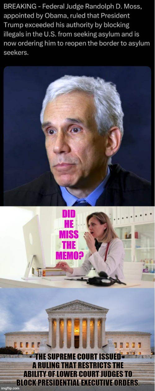 Did He Miss The Memo? | DID HE MISS THE  MEMO? THE SUPREME COURT ISSUED A RULING THAT RESTRICTS THE ABILITY OF LOWER COURT JUDGES TO BLOCK PRESIDENTIAL EXECUTIVE ORDERS. | image tagged in memes,politics,judge,its not going to happen,president trump,agenda | made w/ Imgflip meme maker