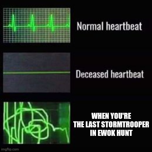 heartbeat rate | WHEN YOU'RE THE LAST STORMTROOPER IN EWOK HUNT | image tagged in heartbeat rate | made w/ Imgflip meme maker