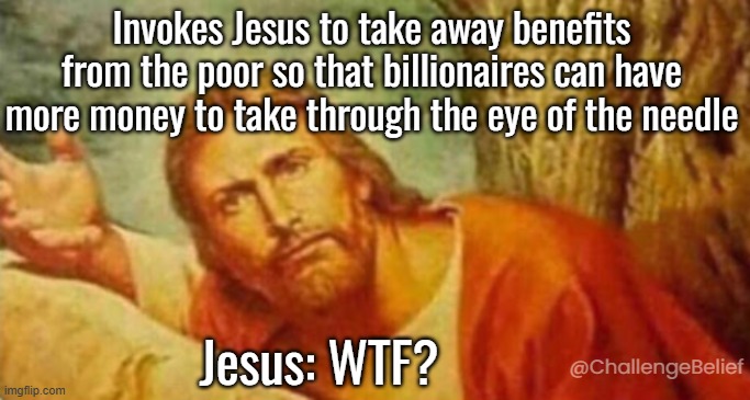 WTF Big Beautiful Bill | Invokes Jesus to take away benefits from the poor so that billionaires can have more money to take through the eye of the needle; Jesus: WTF? @ChallengeBelief | image tagged in bruh | made w/ Imgflip meme maker