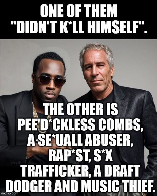 P diddy Combs and Epstein; wonder who f*cked who in this relationship? | ONE OF THEM "DIDN'T K*LL HIMSELF". THE OTHER IS PEE'D*CKLESS COMBS,
A SE*UALL ABUSER, RAP*ST, S*X TRAFFICKER, A DRAFT DODGER AND MUSIC THIEF. | image tagged in p diddy epstein,two face,p diddy,memes,funny,funny memes | made w/ Imgflip meme maker