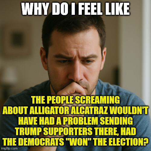 Twisted Logic | WHY DO I FEEL LIKE; THE PEOPLE SCREAMING ABOUT ALLIGATOR ALCATRAZ WOULDN'T HAVE HAD A PROBLEM SENDING TRUMP SUPPORTERS THERE, HAD THE DEMOCRATS "WON" THE ELECTION? | image tagged in why do i feel like,hypocrisy,double standards,alligator alcatraz | made w/ Imgflip meme maker