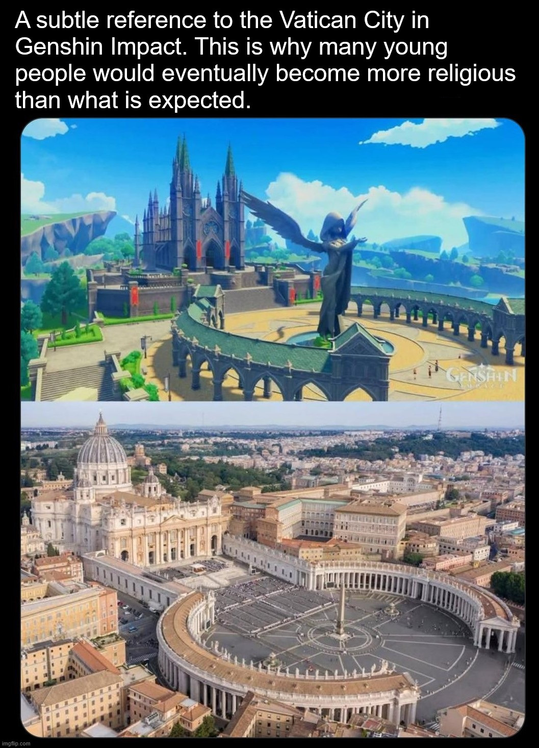 That one dark church reminds me to the Clermont-Ferrand Cathedral in France | image tagged in religion,genshin impact,gaming,coincidence i think not,architecture,christianity | made w/ Imgflip meme maker