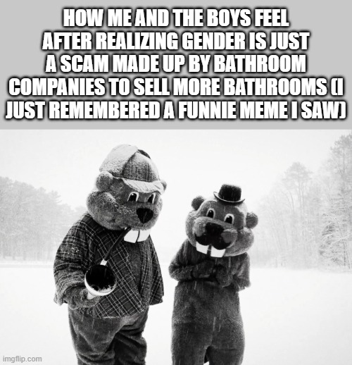 HUNDREDS OF BEAVERS FOREVER!!!! | HOW ME AND THE BOYS FEEL AFTER REALIZING GENDER IS JUST A SCAM MADE UP BY BATHROOM COMPANIES TO SELL MORE BATHROOMS (I JUST REMEMBERED A FUNNIE MEME I SAW) | image tagged in hundreds of beavers sherlock holmes,smart,sherlock,sherlock holmes,hundreds of beavers,gender | made w/ Imgflip meme maker
