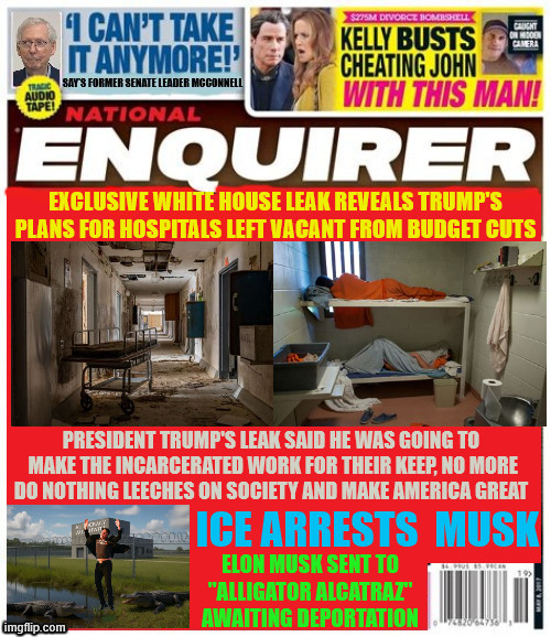 National Enquirer Trump's prison plans | EXCLUSIVE WHITE HOUSE LEAK REVEALS TRUMP'S PLANS FOR HOSPITALS LEFT VACANT FROM BUDGET CUTS; PRESIDENT TRUMP'S LEAK SAID HE WAS GOING TO
 MAKE THE INCARCERATED WORK FOR THEIR KEEP, NO MORE
 DO NOTHING LEECHES ON SOCIETY AND MAKE AMERICA GREAT; ICE ARRESTS  MUSK; ELON MUSK SENT TO "ALLIGATOR ALCATRAZ" AWAITING DEPORTATION | image tagged in national enquirer trump's prison plans,white house leaks ilke a cheap diaper,trump stinks,slave prisonnlabor,new golden age | made w/ Imgflip meme maker