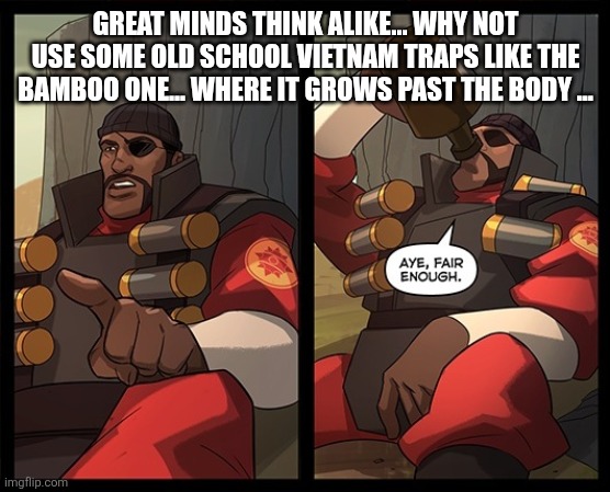 Aye Fair Enough | GREAT MINDS THINK ALIKE... WHY NOT USE SOME OLD SCHOOL VIETNAM TRAPS LIKE THE BAMBOO ONE... WHERE IT GROWS PAST THE BODY ... | image tagged in aye fair enough | made w/ Imgflip meme maker
