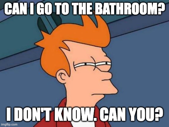 Futurama Fry | CAN I GO TO THE BATHROOM? I DON'T KNOW. CAN YOU? | image tagged in memes,futurama fry | made w/ Imgflip meme maker