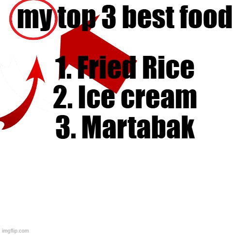 Blank White Template | my top 3 best food; 1. Fried Rice
2. Ice cream
3. Martabak | image tagged in blank white template | made w/ Imgflip meme maker