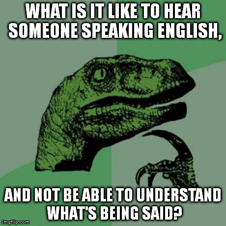 I've often pondered this. | WHAT IS IT LIKE TO HEAR SOMEONE SPEAKING ENGLISH, AND NOT BE ABLE TO UNDERSTAND WHAT'S BEING SAID? | image tagged in memes,philosoraptor | made w/ Imgflip meme maker