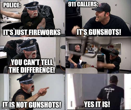 Gunshots or Fireworks | 911 CALLERS:; POLICE:; IT'S GUNSHOTS! IT'S JUST FIREWORKS; YOU CAN'T TELL THE DIFFERENCE! IT IS NOT GUNSHOTS! YES IT IS! | image tagged in american chopper argument 6 panel,independence day,4th of july,fireworks,memes | made w/ Imgflip meme maker