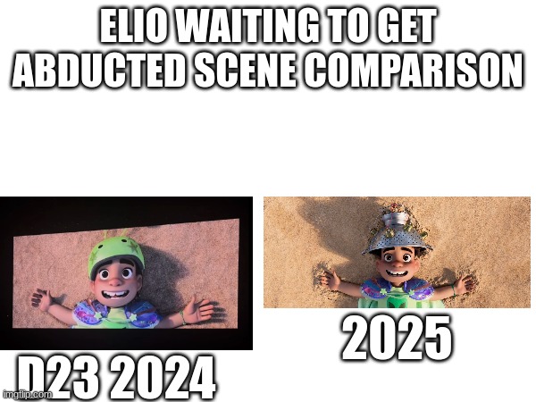 What's your favorite? Tbh, the right one is more 'Pixar' than the other. | ELIO WAITING TO GET ABDUCTED SCENE COMPARISON; 2025; D23 2024 | image tagged in elio,pixar,disney,flop | made w/ Imgflip meme maker
