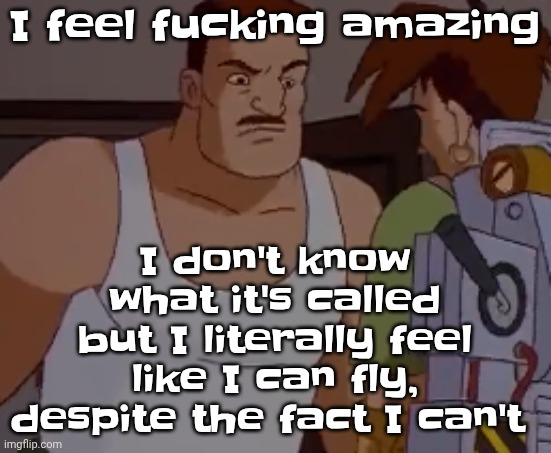 I DON'T KNOW WHAT'S CAUSING IT | I don't know what it's called but I literally feel like I can fly, despite the fact I can't; I feel fu‍cking amazing | image tagged in omni man ahh | made w/ Imgflip meme maker