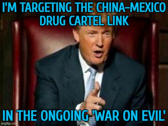 Trump Targets China-Mexico Drug Cartel Link | I'M TARGETING THE CHINA-MEXICO
DRUG CARTEL LINK; IN THE ONGOING 'WAR ON EVIL' | image tagged in donald trump,drugs,war on drugs,mexico,drugs are bad,cocaine | made w/ Imgflip meme maker