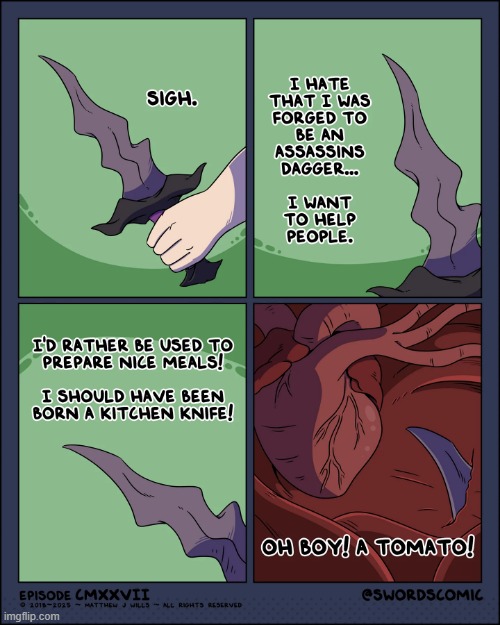 He actually can be used to make meals. For cannibals. | image tagged in sword,assassin,dagger,cooking,heart,tomato | made w/ Imgflip meme maker
