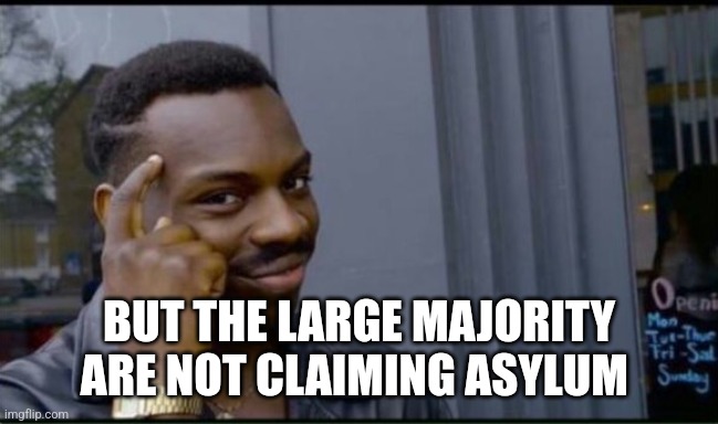Thinking Black Man | BUT THE LARGE MAJORITY ARE NOT CLAIMING ASYLUM | image tagged in thinking black man | made w/ Imgflip meme maker