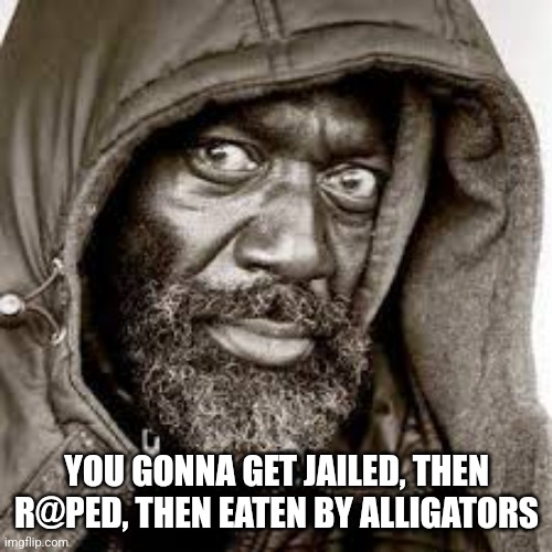 Raped | YOU GONNA GET JAILED, THEN R@PED, THEN EATEN BY ALLIGATORS | image tagged in raped | made w/ Imgflip meme maker