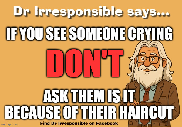 Sound advice | DON'T; IF YOU SEE SOMEONE CRYING; ASK THEM IS IT BECAUSE OF THEIR HAIRCUT | image tagged in advise,help,mental health,therapy,guidance | made w/ Imgflip meme maker