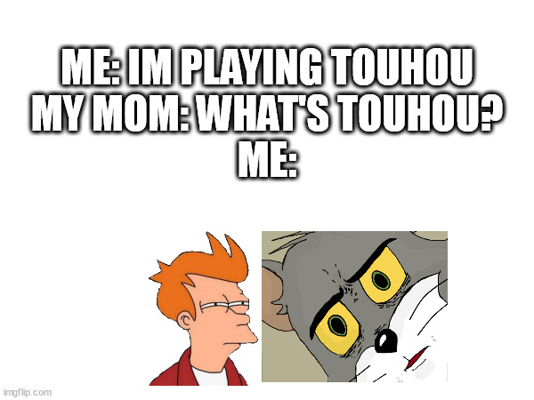 my mom really don't know how to play touhou/touhou smash bros 1 and 2 | ME: IM PLAYING TOUHOU
MY MOM: WHAT'S TOUHOU?
ME: | image tagged in touhou | made w/ Imgflip meme maker