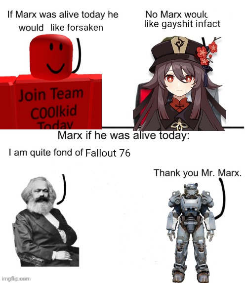 If Marx was alive today he would | like gayshit infact; like forsaken; Fallout 76 | image tagged in if marx was alive today he would | made w/ Imgflip meme maker