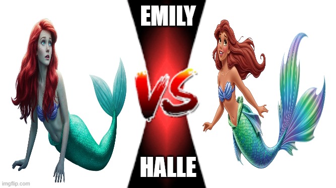 the battle of the live action ariels | EMILY; HALLE | image tagged in ariel,the little mermaid,live action remakes,disney,emily litella,halle bailey | made w/ Imgflip meme maker