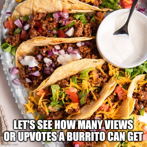 Burrito | LET'S SEE HOW MANY VIEWS OR UPVOTES A BURRITO CAN GET | image tagged in yummy,burrito | made w/ Imgflip meme maker
