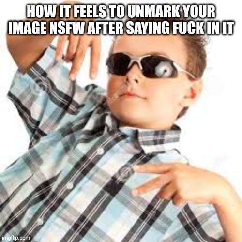 Cool kid sunglasses | HOW IT FEELS TO UNMARK YOUR IMAGE NSFW AFTER SAYING FUCK IN IT | image tagged in cool kid sunglasses | made w/ Imgflip meme maker