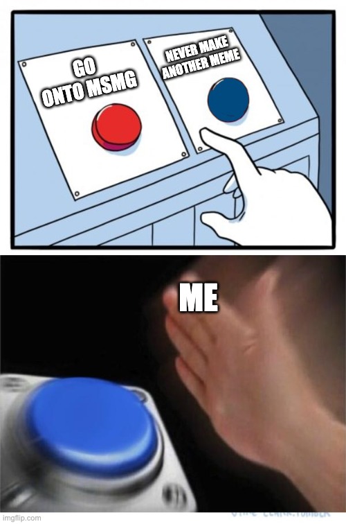 Never again | NEVER MAKE ANOTHER MEME; GO ONTO MSMG; ME | image tagged in two buttons 1 blue,screw msmg | made w/ Imgflip meme maker