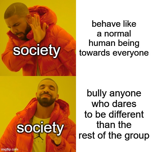 Drake Hotline Bling Meme | behave like a normal human being towards everyone; society; bully anyone who dares to be different than the rest of the group; society | image tagged in memes,drake hotline bling,society,stopbullying | made w/ Imgflip meme maker
