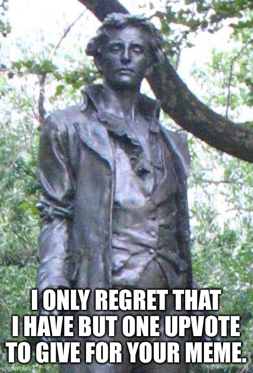 Nathan Hale "I only regret that I have but one ______ to give." | I ONLY REGRET THAT I HAVE BUT ONE UPVOTE TO GIVE FOR YOUR MEME. | image tagged in nathan hale i only regret that i have but one ______ to give | made w/ Imgflip meme maker
