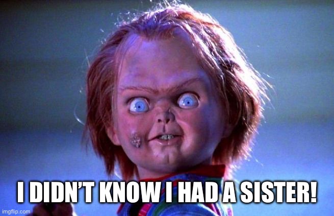 Chucky | I DIDN’T KNOW I HAD A SISTER! | image tagged in chucky | made w/ Imgflip meme maker