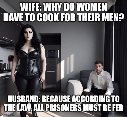 Wife | WIFE: WHY DO WOMEN HAVE TO COOK FOR THEIR MEN? HUSBAND: BECAUSE ACCORDING TO THE LAW, ALL PRISONERS MUST BE FED | image tagged in partners in crime | made w/ Imgflip meme maker
