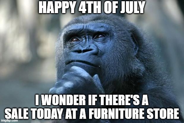 Deep Thoughts | HAPPY 4TH OF JULY; I WONDER IF THERE'S A SALE TODAY AT A FURNITURE STORE | image tagged in deep thoughts | made w/ Imgflip meme maker