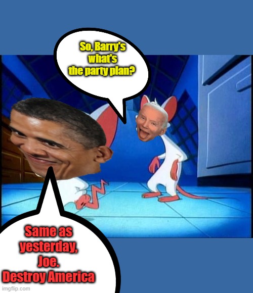 Barry & Joe Dem party same old same old | So, Barry's what's the party plan? Same as yesterday, Joe. Destroy America | image tagged in pinky and the brain monday | made w/ Imgflip meme maker