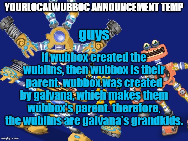 it's canon now | guys; if wubbox created the wublins, then wubbox is their parent. wubbox was created by galvana, which makes them wubbox's parent. therefore, the wublins are galvana's grandkids. | image tagged in yourlocalwubboc announcement temp | made w/ Imgflip meme maker