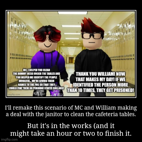 The 9anti3 comic version, what Silvy calls it, is currently in production. I'll post it when I finish it. | I'll remake this scenario of MC and William making a deal with the janitor to clean the cafeteria tables. | But it's in the works (and it mi | image tagged in funny,demotivationals,mc,william | made w/ Imgflip demotivational maker