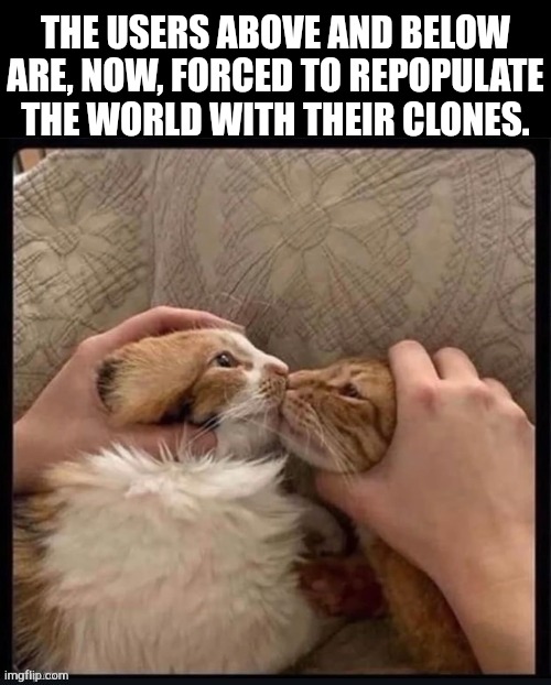 :skull emoji: | THE USERS ABOVE AND BELOW ARE, NOW, FORCED TO REPOPULATE THE WORLD WITH THEIR CLONES. | image tagged in forced cat kiss,boredom,lets go,end of the world,population,users | made w/ Imgflip meme maker