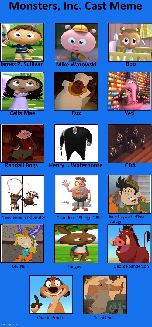 Monsters Inc. cast (my version) | image tagged in monsters inc cast meme | made w/ Imgflip meme maker