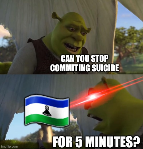 Fun fact: lesotho has the highest suicide rates in the world | CAN YOU STOP COMMITING SUICIDE; 🇱🇸; FOR 5 MINUTES? | image tagged in shrek for five minutes,lesotho | made w/ Imgflip meme maker
