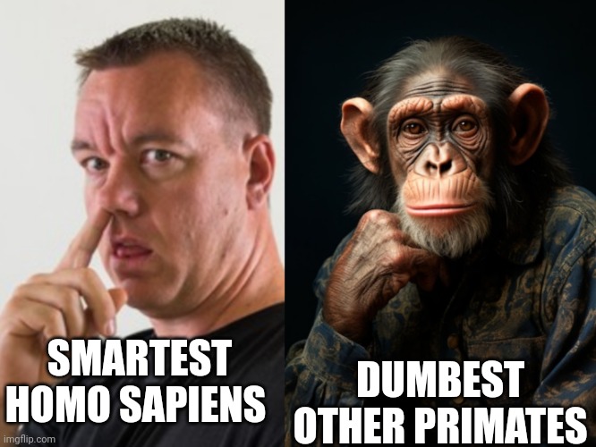 Homo Sapiens vs other primates | SMARTEST HOMO SAPIENS; DUMBEST OTHER PRIMATES | image tagged in smartest man vs dumbest primate,homo sapiens,chimpanzee,primate,monkey,memes | made w/ Imgflip meme maker