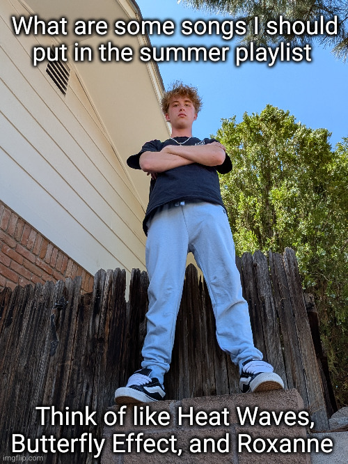 trying to make the best summer playlist ever rn | What are some songs I should put in the summer playlist; Think of like Heat Waves, Butterfly Effect, and Roxanne | image tagged in summer,playlist,spotify,soundcloud,music,songs | made w/ Imgflip meme maker