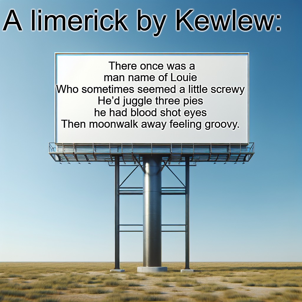 A limerick by Kewlew: | A limerick by Kewlew:; There once was a man name of Louie
Who sometimes seemed a little screwy
He’d juggle three pies
he had blood shot eyes
Then moonwalk away feeling groovy. | image tagged in sign,limerick,kewlew | made w/ Imgflip meme maker