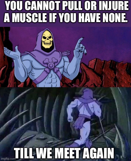 he man skeleton advices | YOU CANNOT PULL OR INJURE A MUSCLE IF YOU HAVE NONE. TILL WE MEET AGAIN | image tagged in he man skeleton advices | made w/ Imgflip meme maker