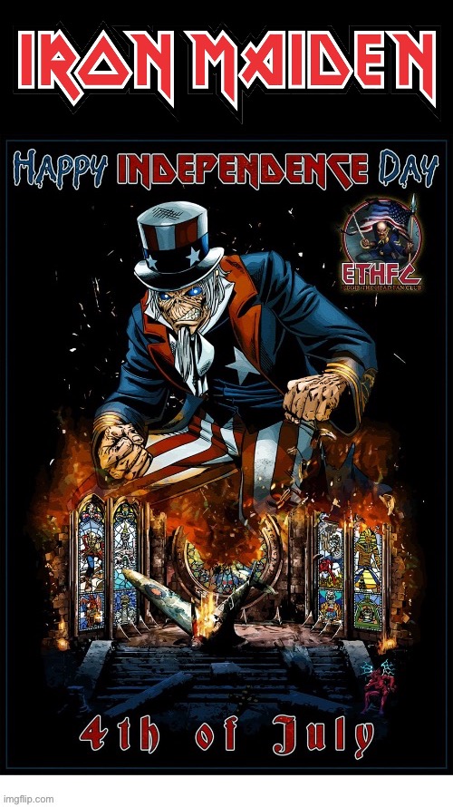The “Eddie the Head Fan Club” wishes you a happy Independence Day! | image tagged in heavy metal,iron maiden,eddie the head,uncle sam,independence day | made w/ Imgflip meme maker