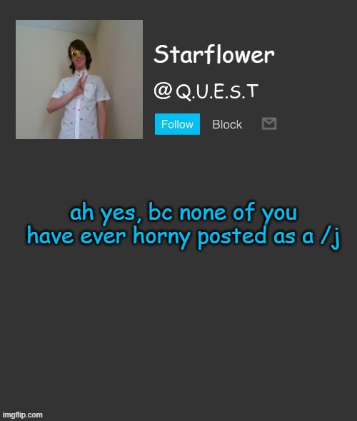 Starflower quest template | ah yes, bc none of you have ever horny posted as a /j | image tagged in starflower quest template | made w/ Imgflip meme maker