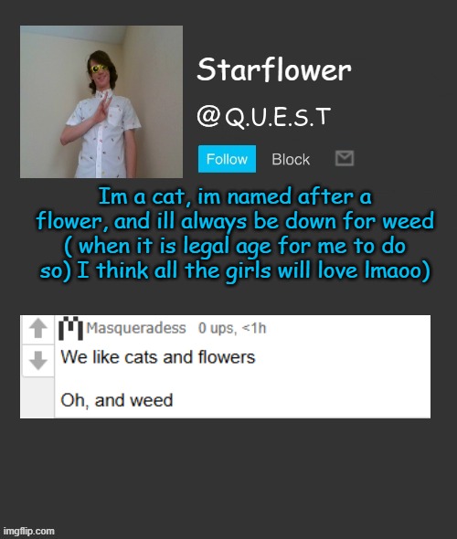 tho I only have eyes for you | Im a cat, im named after a flower, and ill always be down for weed ( when it is legal age for me to do so) I think all the girls will love lmaoo) | image tagged in starflower quest template | made w/ Imgflip meme maker
