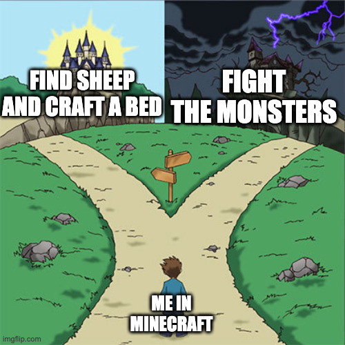 First things first | FIGHT THE MONSTERS; FIND SHEEP AND CRAFT A BED; ME IN MINECRAFT | image tagged in two paths,minecraft | made w/ Imgflip meme maker